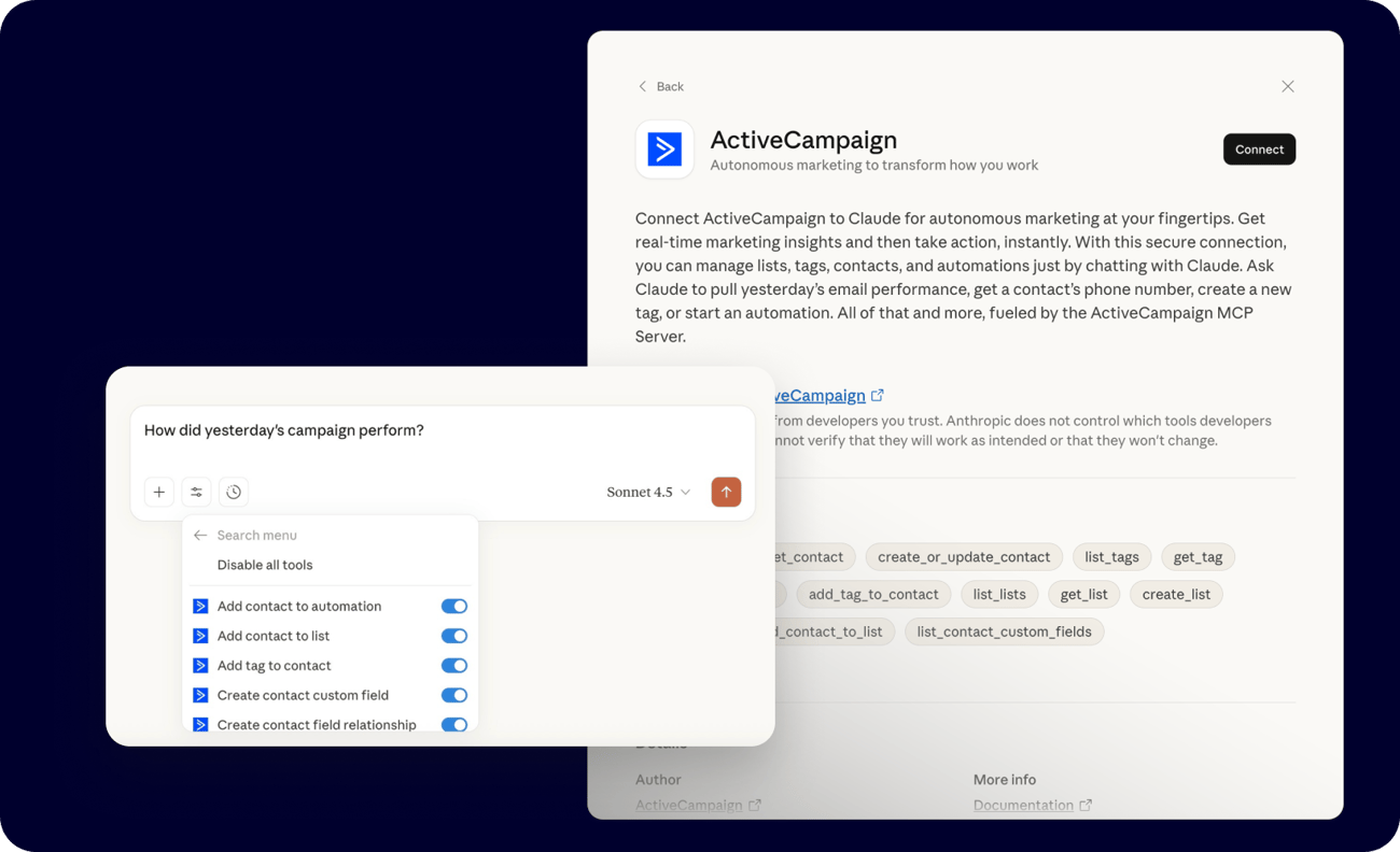 Check yesterday's email stats, update contacts, or trigger automations—all by chatting with Claude