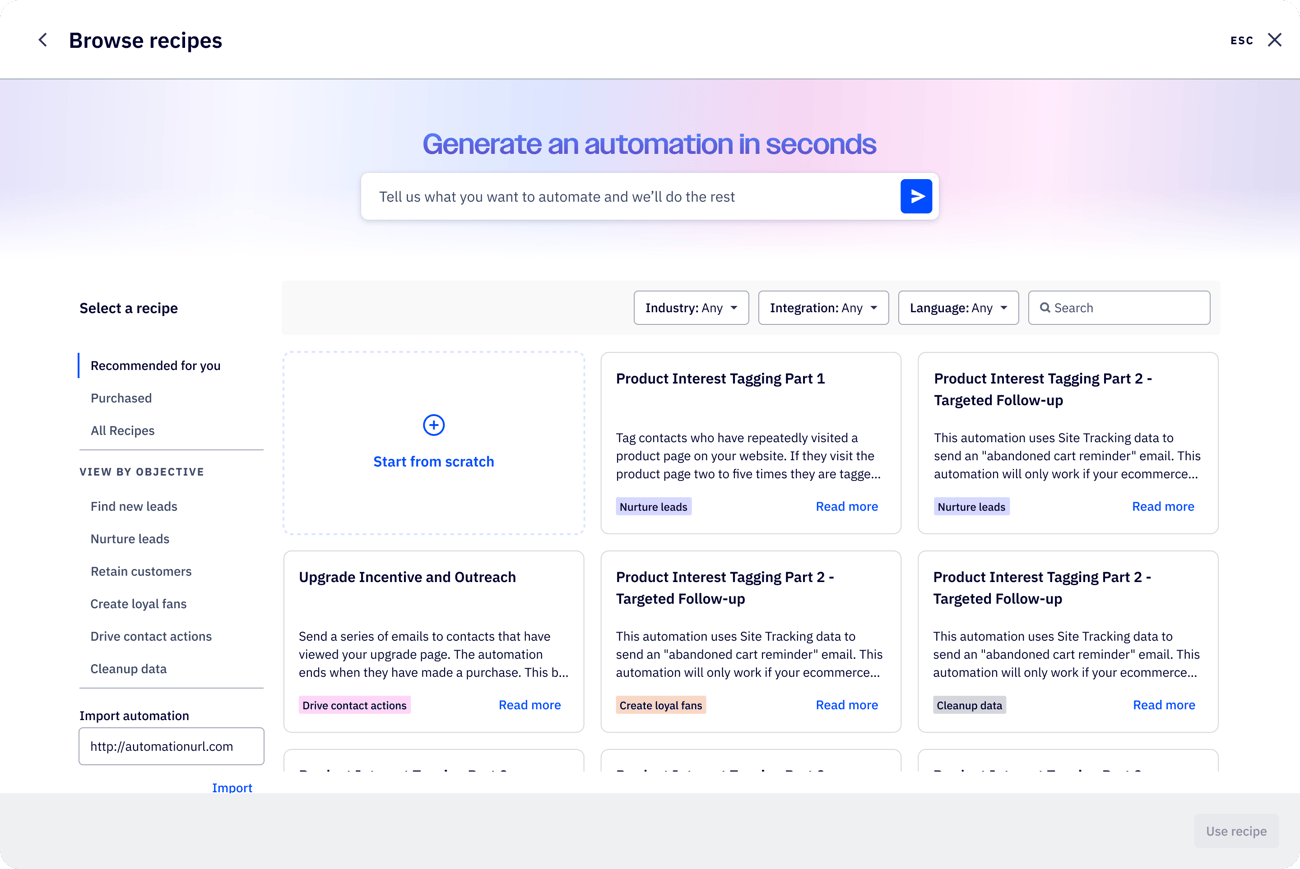 Active Intelligence’s redesigned automation creation experience transforms your marketing ideas into complete automations in minutes.