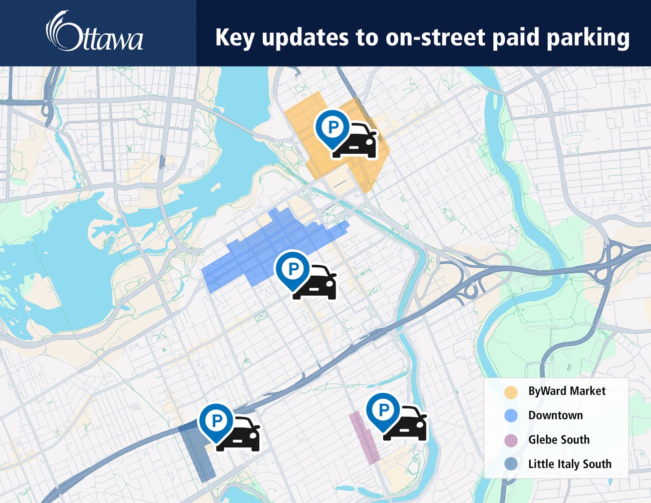 A map providing a visual of the updated on-street paid parking areas in Glebe South, Little Italy South, Downtown and ByWard Market.