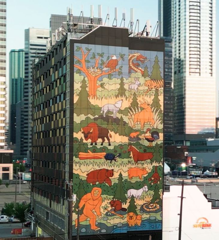 The solar panel mural spans 26 m (85 ft) high and is titled “The Land We Share.” Photo courtesy Avenue Living The solar panel mural spans 26 m (85 ft) high and is titled “The Land We Share.” Photo courtesy Avenue Living