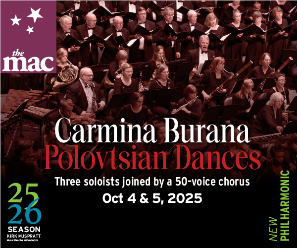 Ad: The MAC: Carmina Burana - Polovtsian Dances, Oct 4-5, 2025. Pictured: Multiple rows of an orchestra playing instruments