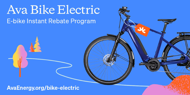 Photo of a bike on a blue background with illustrated trees and a path behind it. Text reads: Ava Bike Electric E-bike instant rebate program avaenergy.org/bike-electric