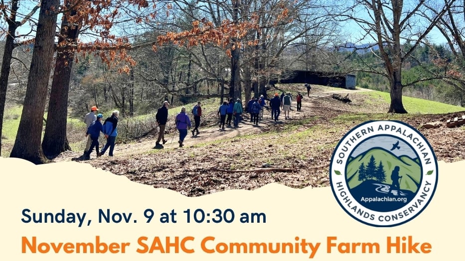 Hike promo grpahic with people on a trail beside pasture and trees, heading toward a farm building