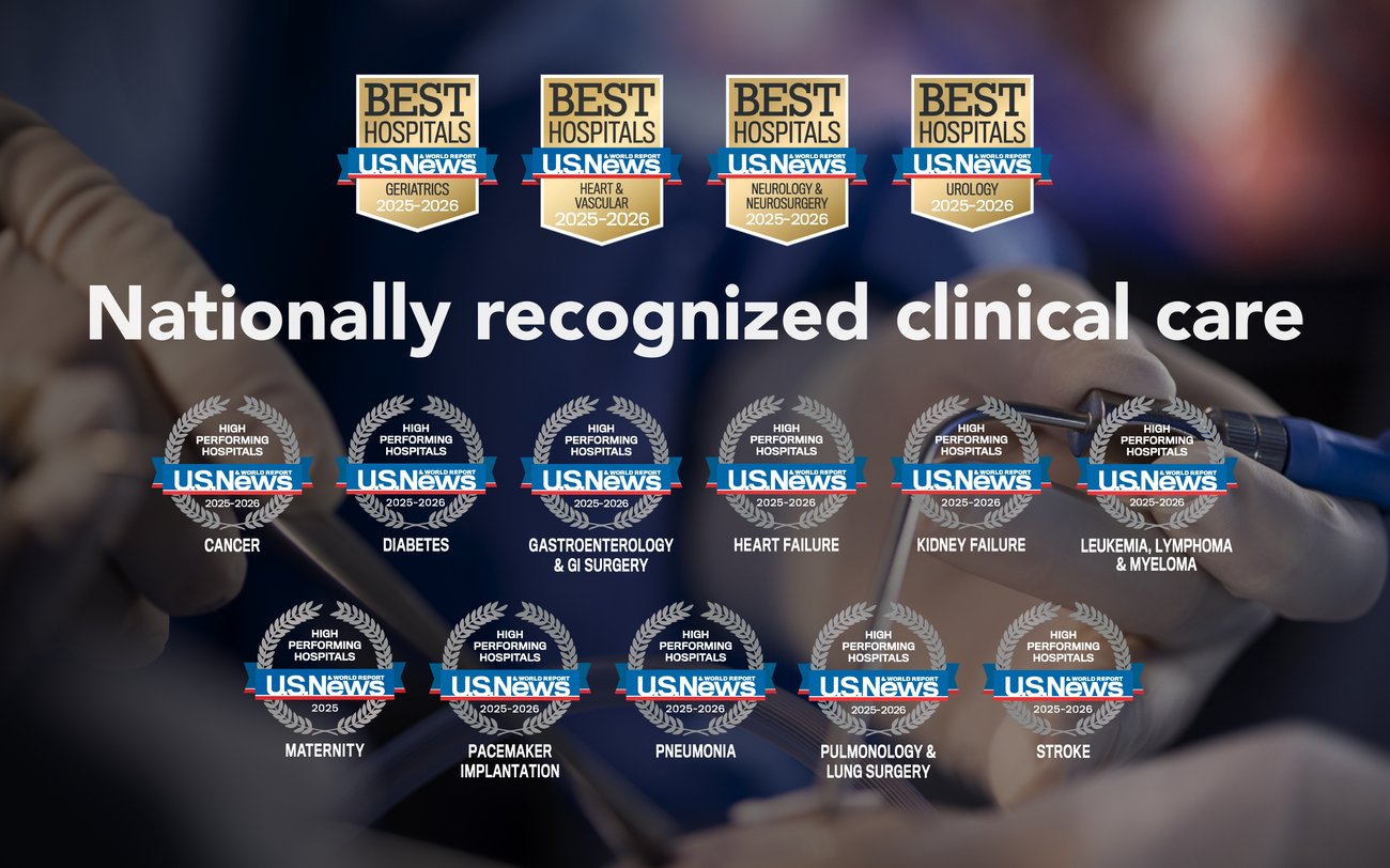 Badj Pou Pi Bon Lopital pou 2025-2026 nan Rapò U.S. News & World pou Jeryatri, Maladi Kè ak Vaskilè, Newoloji ak Newochiriji, ak Iwoloji ki parèt anwo. Anba a, tèks la li ‘Swen klinik yo rekonèt nan nivo nasyonal’ sou 13 badj espesyalite ki bay gwo pèfòmans pou: Kansè, Dyabèt, Gastwo-antewoloji, ak Chiriji GI, Pwoblèm Kè, Pwoblèm Ren, Lesemi/Lenfom/Myelom, Matènite, Enplantasyon Estimilatè Kadyak, Nemoni, Nemoloji ak Operasyon Poumon ak Estwòk. Imaj nan fon an montre yon pwosedi medikal ki ap fèt.