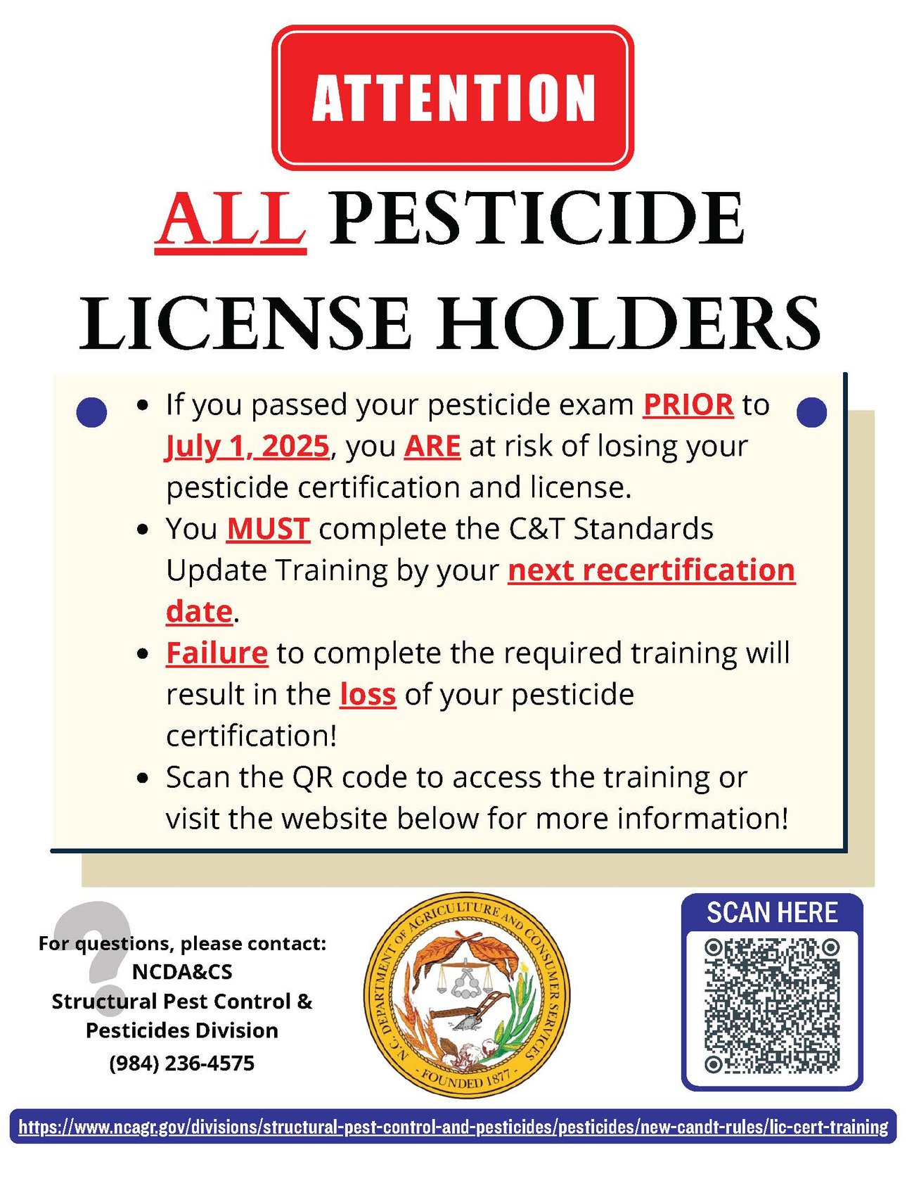 Attention all pesticide license holders. You must take a class to keep your license. Use the QR code or LEARN MORE button to the right to find more information.