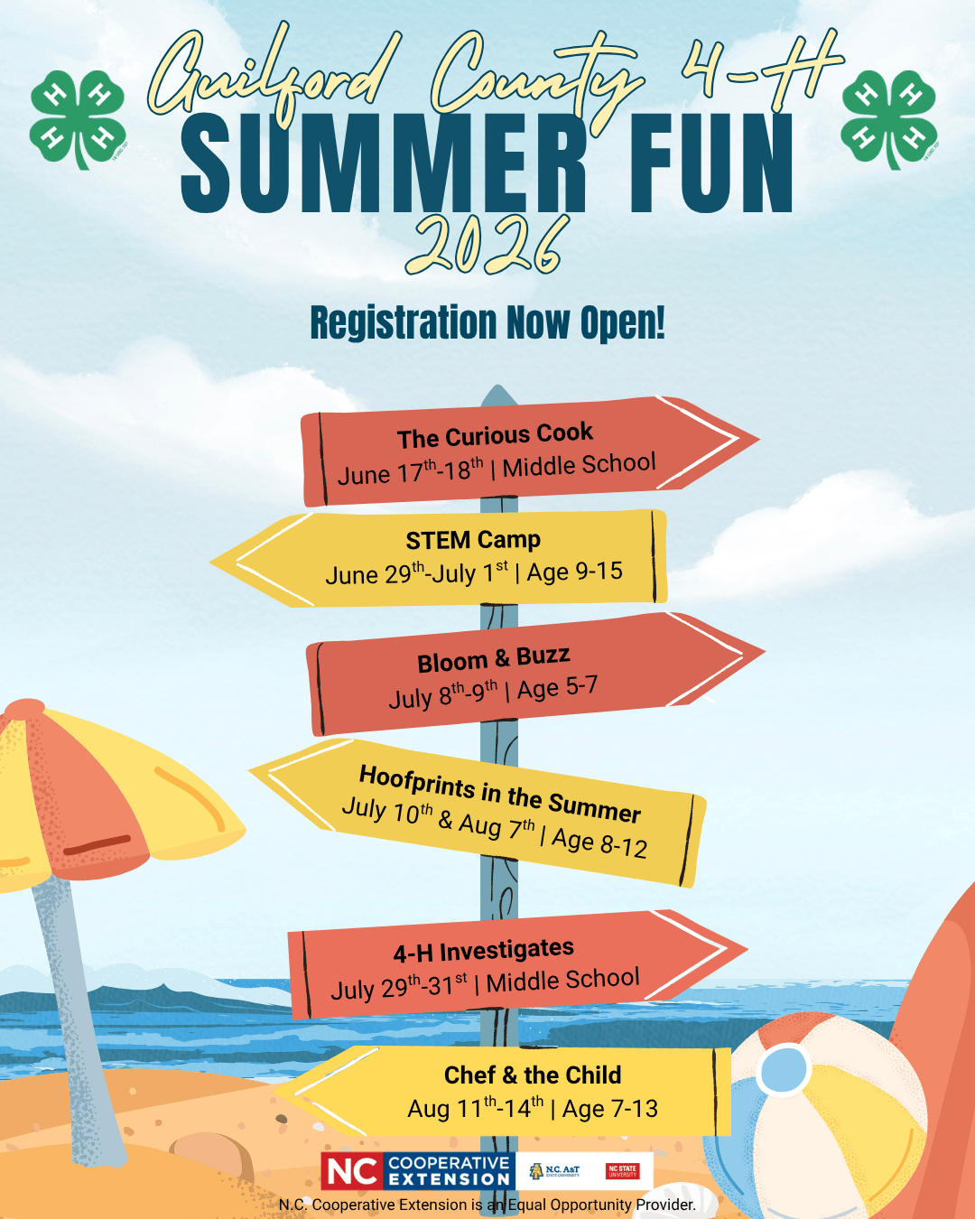 Flyer with sky background and beach scene. "Guilford County 4-H Summer Fun 2026 Registration Now Open!". Flyer includes camp details that can be found at https://guilford.ces.ncsu.edu/news/summer-fun-2026/