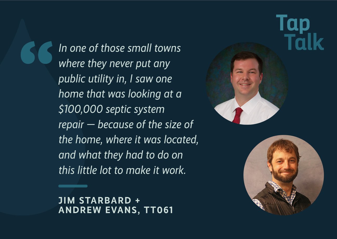 Graphic for the blog post "Guidance for Septic Professionals and Homeowners: From the Trenches Resource Highlights." The blog title is in white text on a green background, next to a stack of study books.