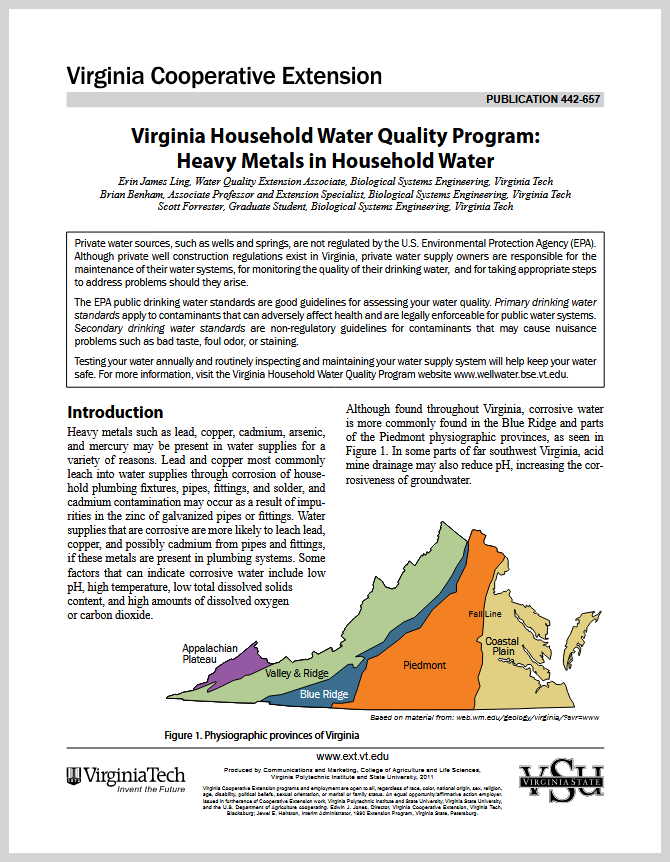 A screenshot of the front page of the Virginia Cooperative Extension document "Heavy Metals in Household Water."