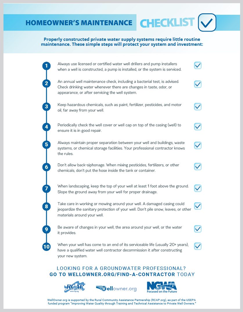 A screenshot of Wellowner.org's "Homeowner's Maintenance Checklist" document.