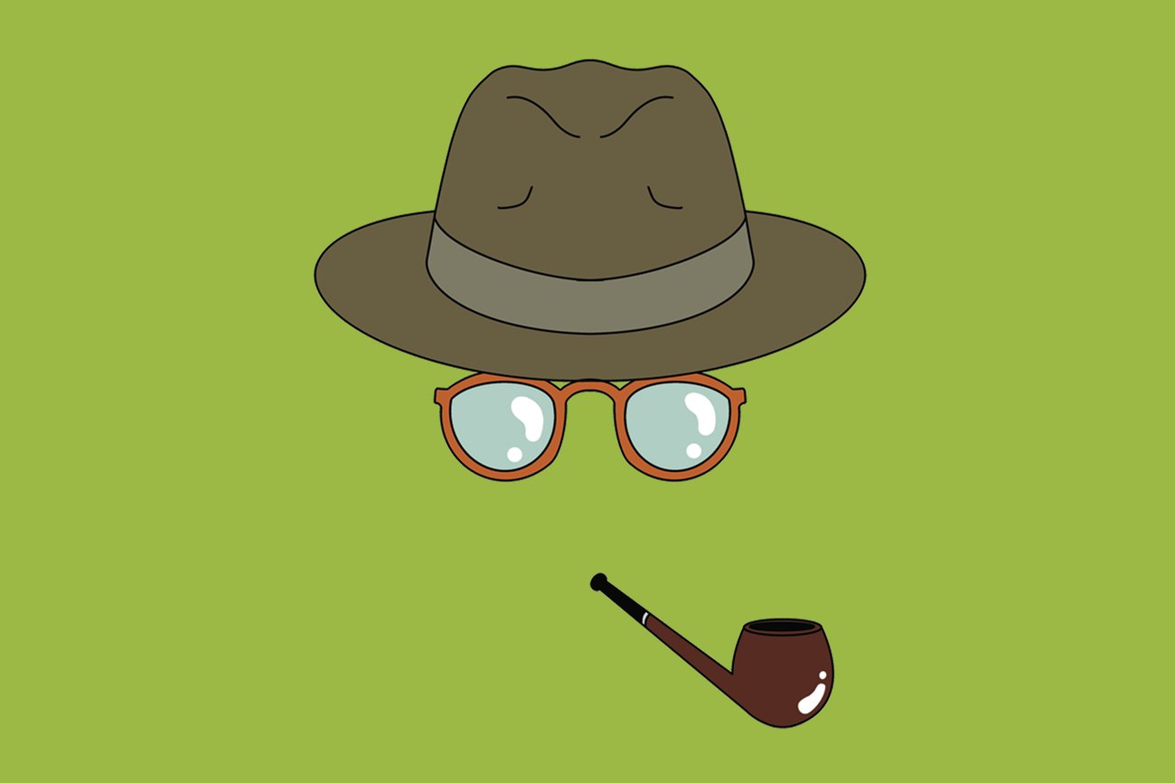 An illustration of a hat, pipe and moustache against a green background.