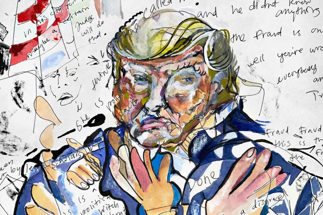 A mixed-media piece of art featuring Donald Trump in a blue suit, surrounded by hands of different sizes and scraps of text