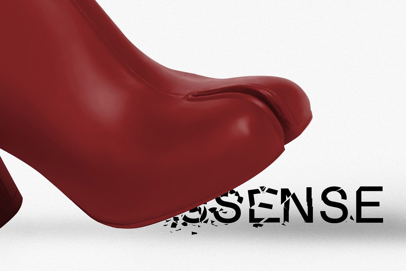 Image of the toes of a red boot stepping on black text that reads "SSENCE."