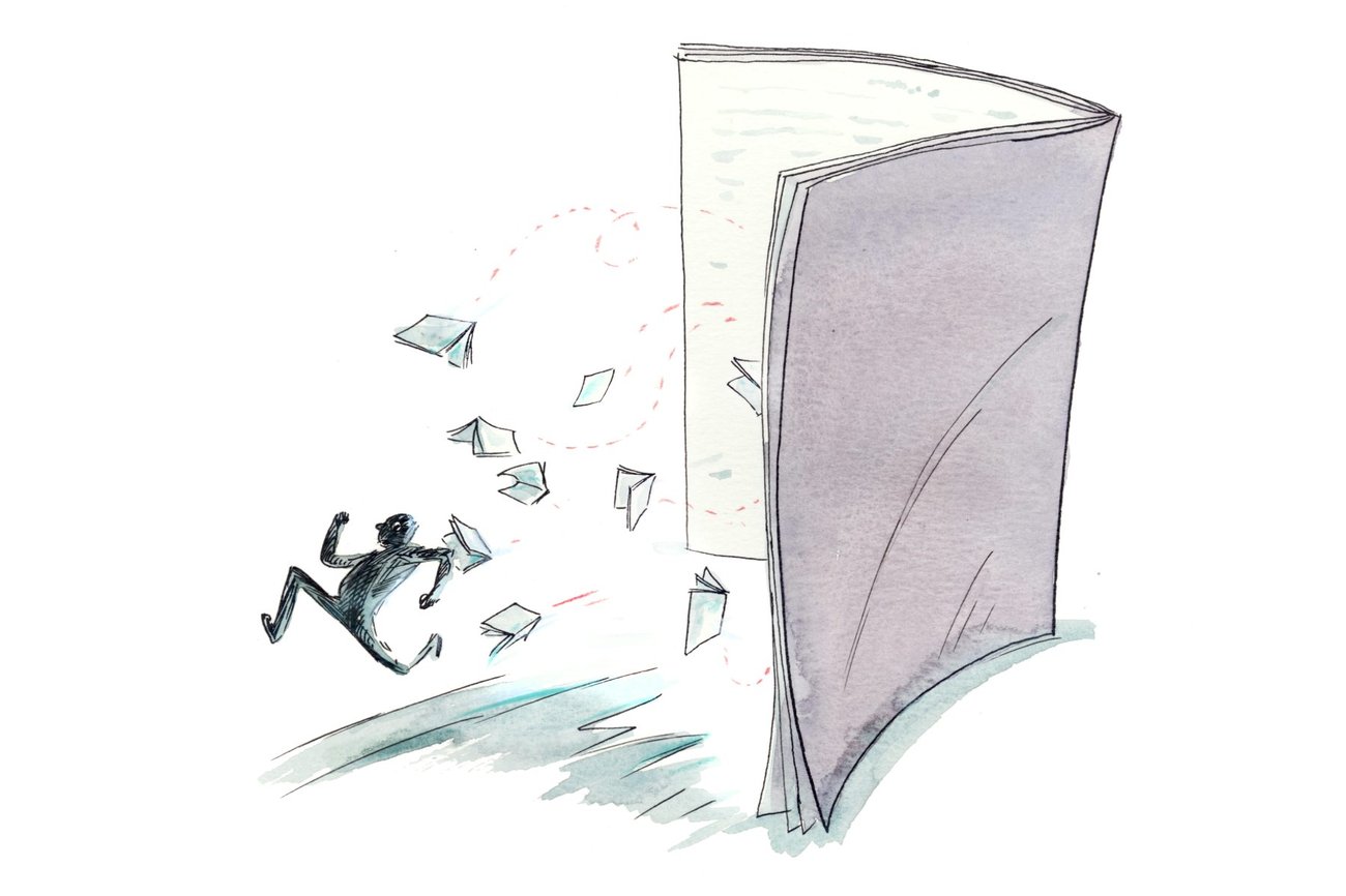 An illustration of an upright open book with a person running out of it on a white background.