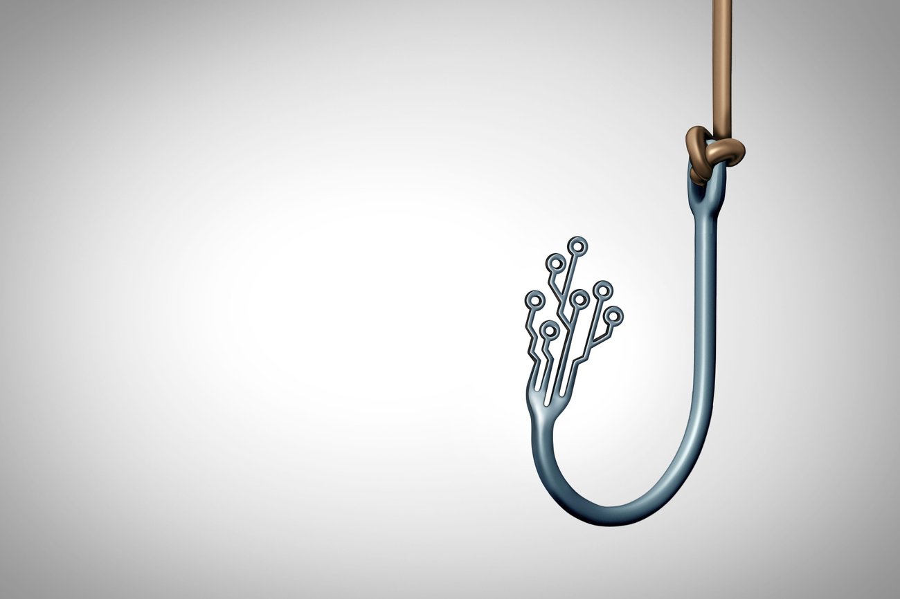 A close-up image of a fishhook. Instead of a sharp end, the end of the fishhook branches into a cybersecurity symbol with branching pathway lines ending in circles.