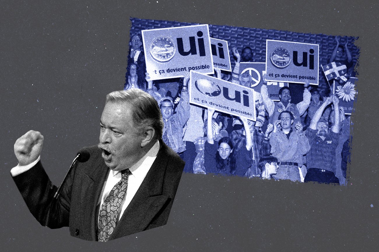Black and white photo of a politician. Behind him is a monochrome blue photo of a crowd holding signs that read Oui.
