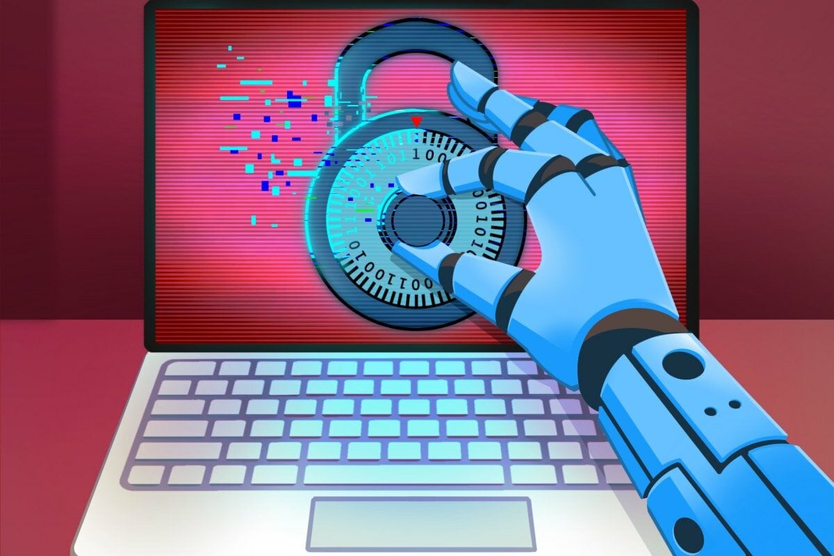Illustration of a laptop with a red background. A blue robot arm reaches to the laptop screen that shows a combination lock.