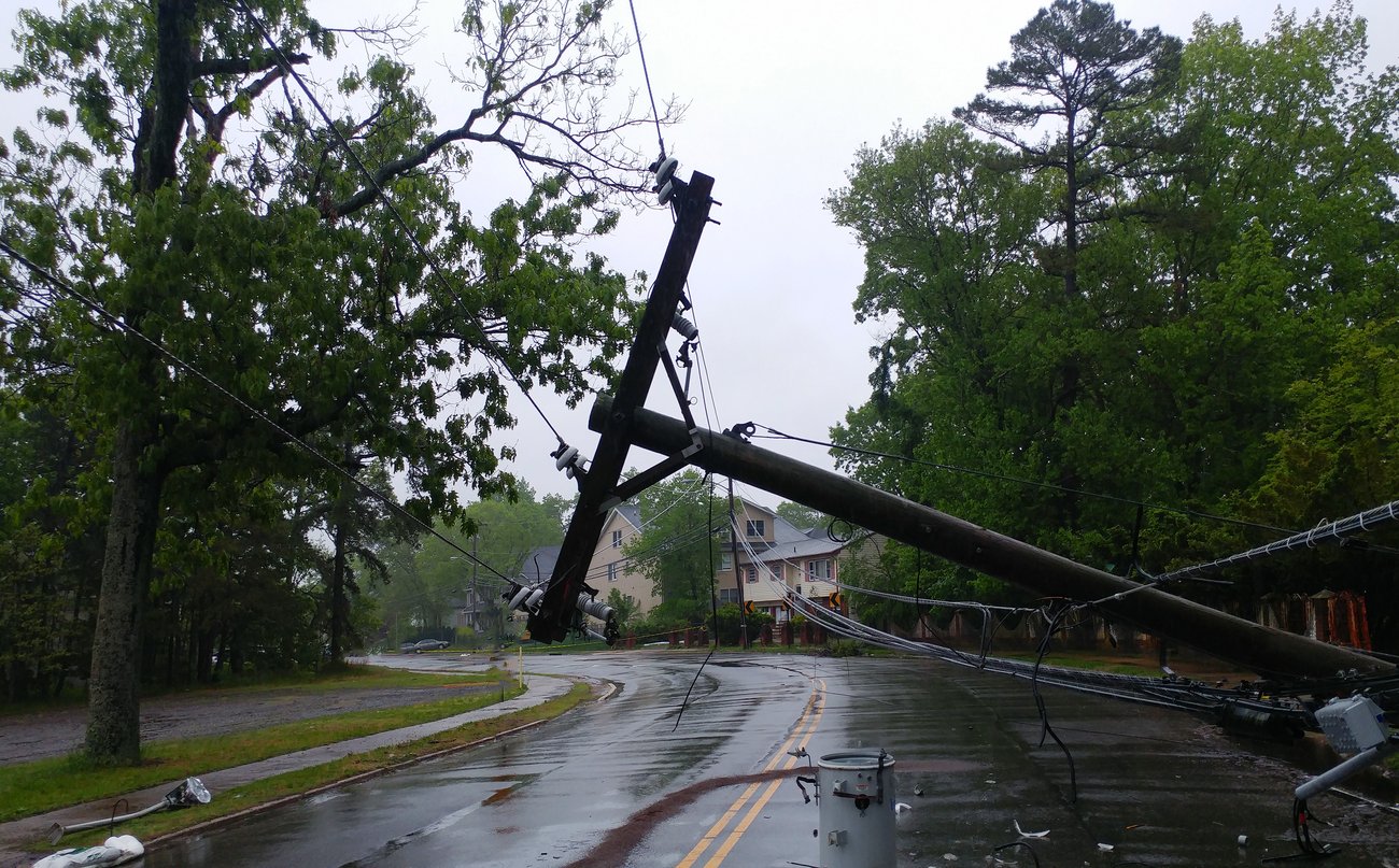 Knocked over telephone pole in bad weather
