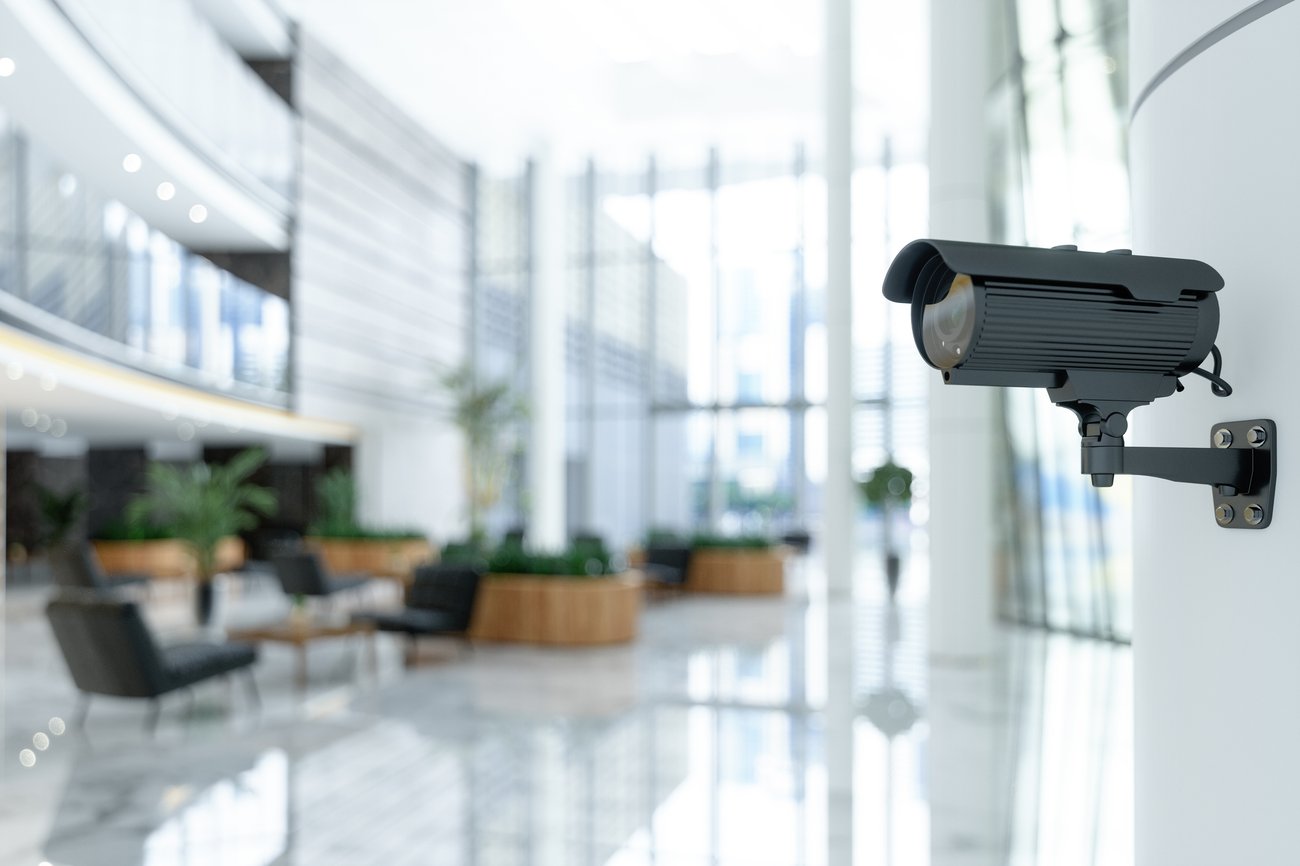 Security camera mounted inside a building on the wall