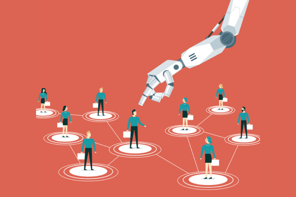 ai examining employees concept; robot hand coming down from sky into network of people