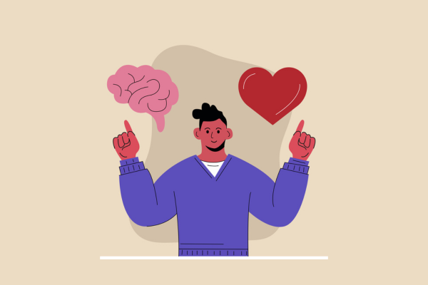 character pointing to brain and heart hovering over each shoulder