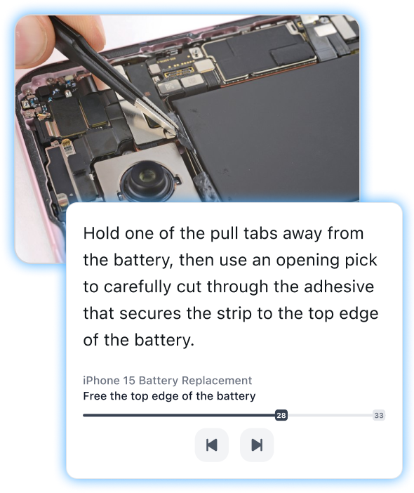 Detailed view of a phone’s internals being worked on with tools, paired with a FixBot panel that narrates the repair steps.