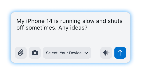 FixBot chat-style input box where a user describes a device problem, with options for photo, attachment, device selection, and voice input.