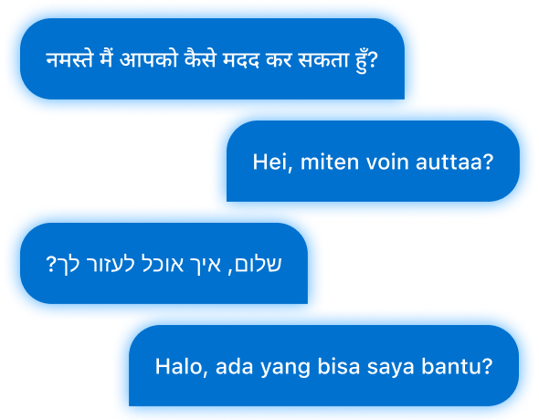 Four blue chat bubbles display greetings and offers of help in different languages.