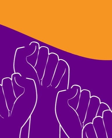 Illustration of raised fists in solidarity, symbolising collective action and support for migrant women.