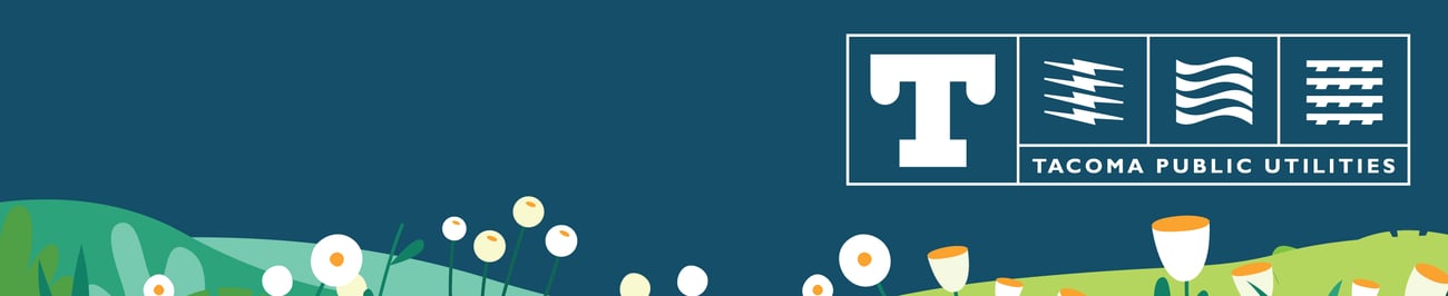 Banner decorativo con ilustraciones de colinas verdes y flores. El logotipo de Tacoma Public Utilities aparece a la derecha en blanco.