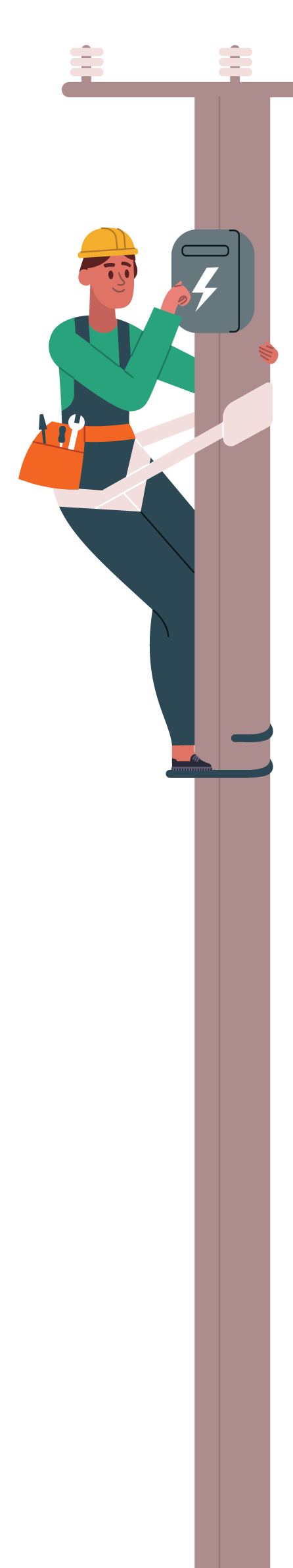 Ilustración de un trabajador de servicios públicos con casco y arnés de seguridad que trepa un poste de electricidad y trabaja en una caja de control eléctrico, con herramientas que cuelgan de un cinturón.