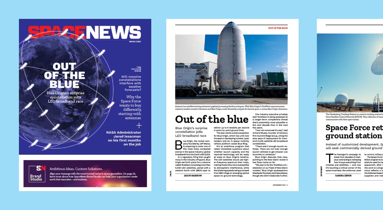 The cover of the March 2026 edition of SpaceNews magazine with the headline Out of the Blue