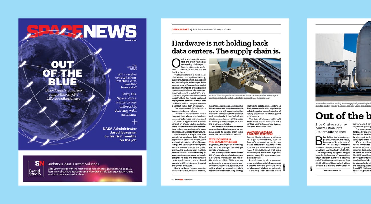 The cover of the March 2026 edition of SpaceNews magazine with the headline Out of the Blue