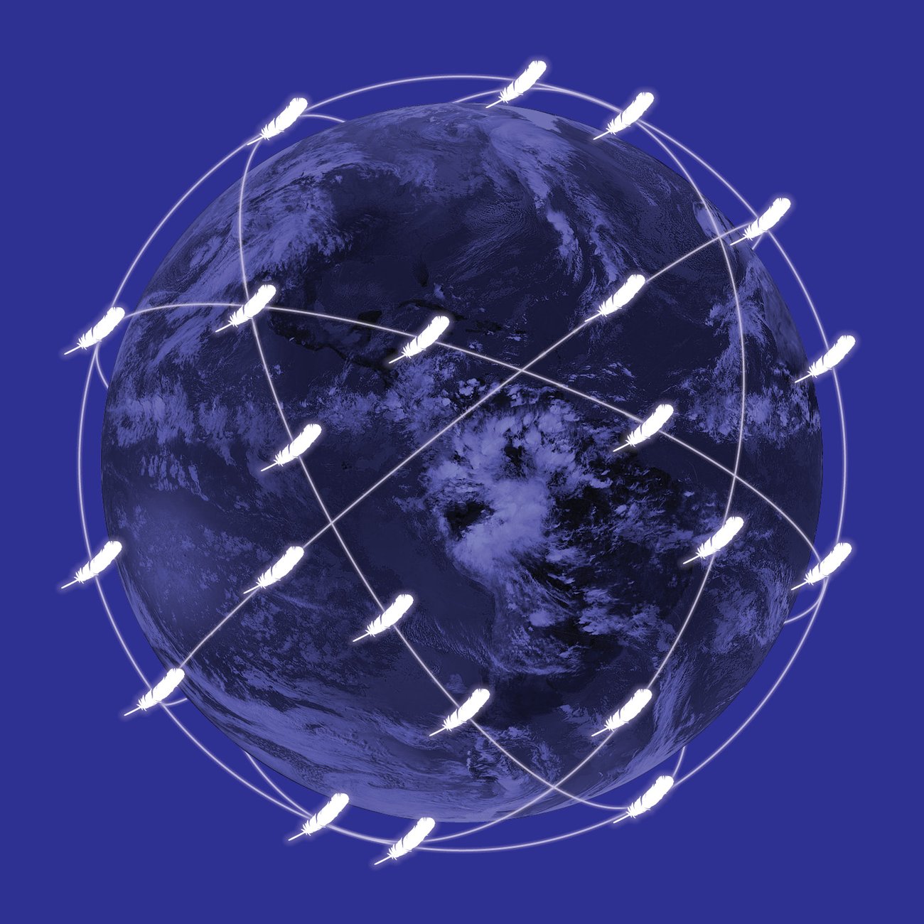 An illustration of feathers – the Blue Origin logo – in various orbits around Earth 