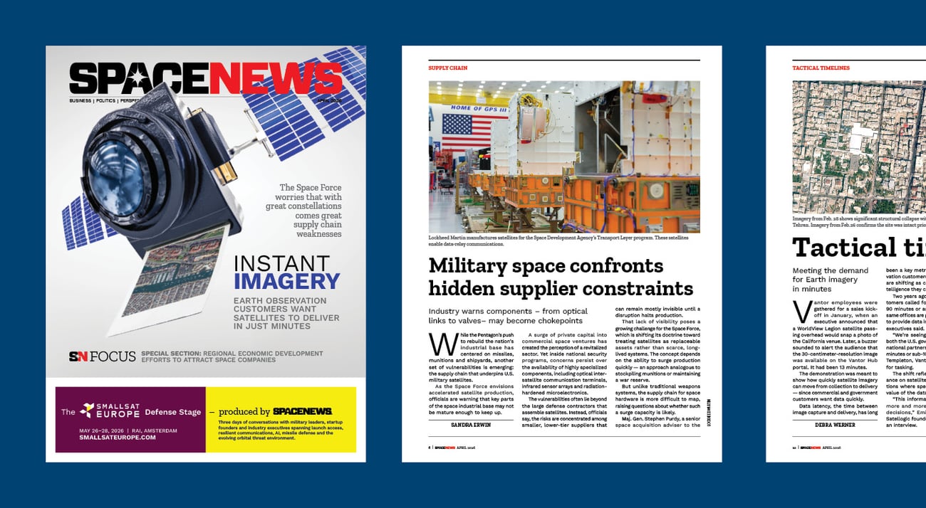 Pages from the April 2026 issue of SpaceNews magazine