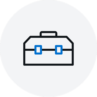 Minimal icon of a toolbox outlined in black with two blue latches, centered inside a light gray circle.