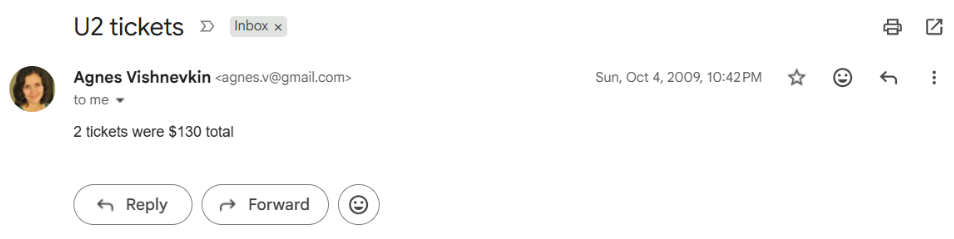 screenshot of email about U2 tickets