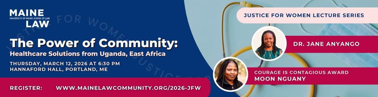 banner ad for the Justice for Women Lecture on March 12 featuring Dr. Jane Anyango, a globally recognized leader in nursing education, intimate partner violence, and community health. Click the banner for more details.