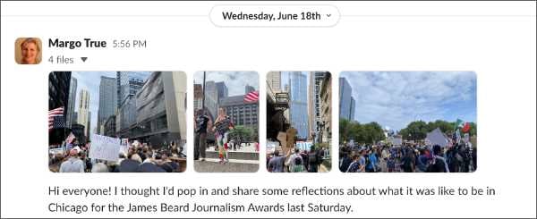a screenshot of a slack post about being in chicago for the james beard awards and the no kings protest