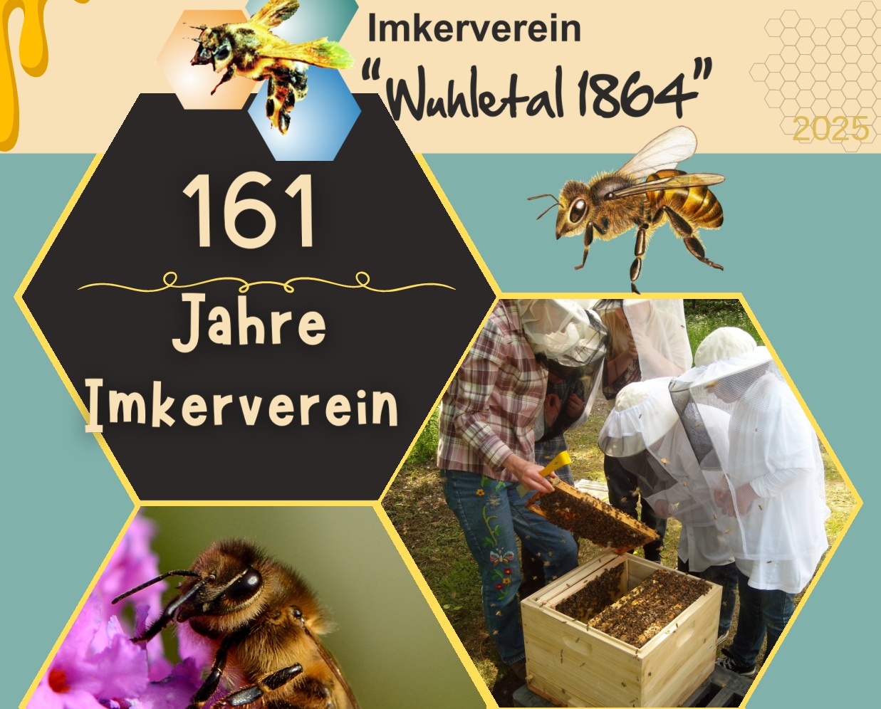 Flyer des Imkereivereins "Wuhletal 1864". Auf dem Flyer steht "161 Jahre Imkerverin" und es sind Kinder beim Imkern und Bienen abgebildet.