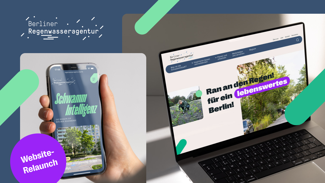 Bild auf dem ein Smartphone und ein Laptop zu sehen ist. Beide Geräte zeigen die neue Website der Berliner Regenwasseragentur an.