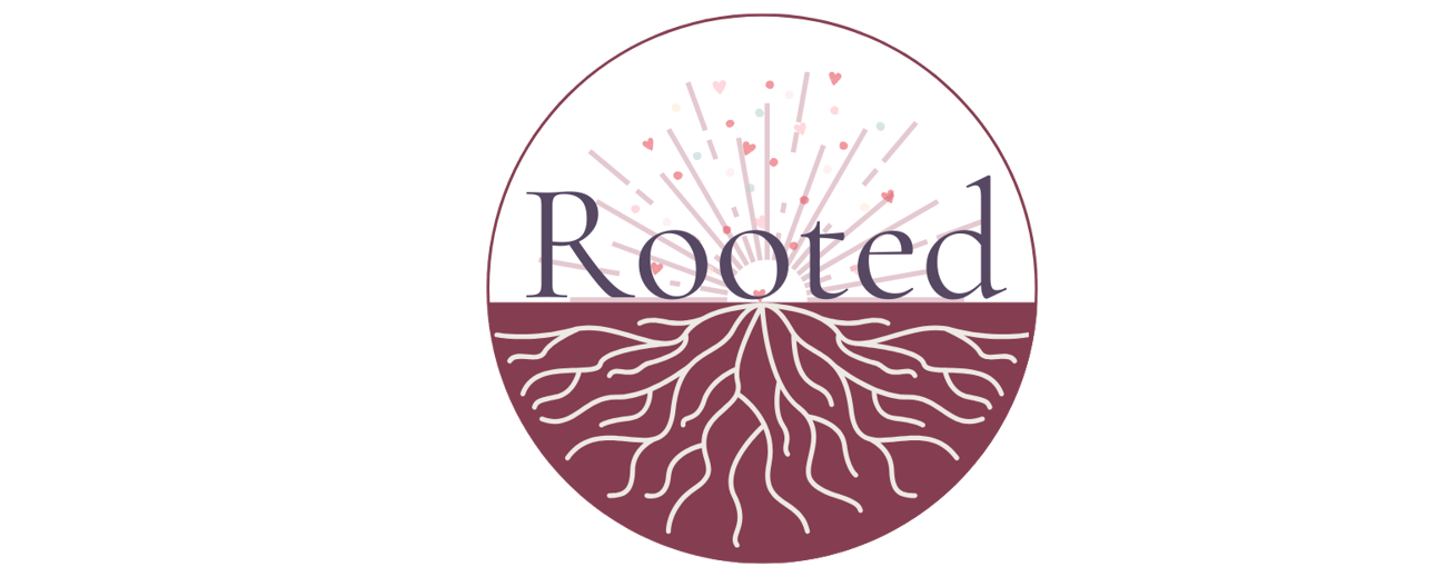 Rooted logo featuring a tree with visible roots and radiating lines inside a circular design.