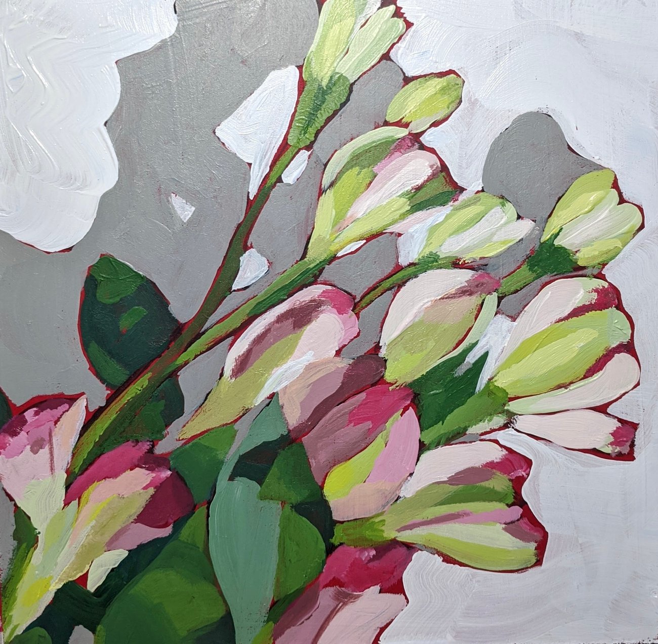 Abstract floral painting with green leaves and pink-and-cream flowers on a textured gray background.