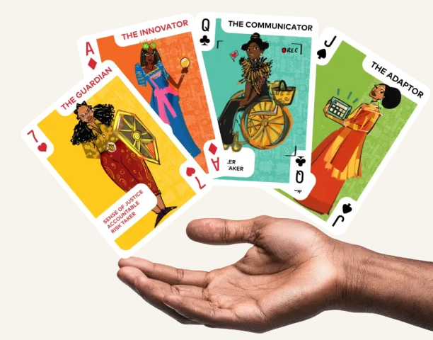 A hand with four playing cards: The guardian, the innovator, the communicator and the adaptor. 