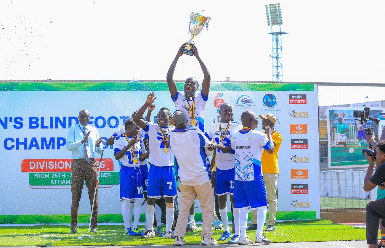 South Sudan blind football team celebrating their victory 