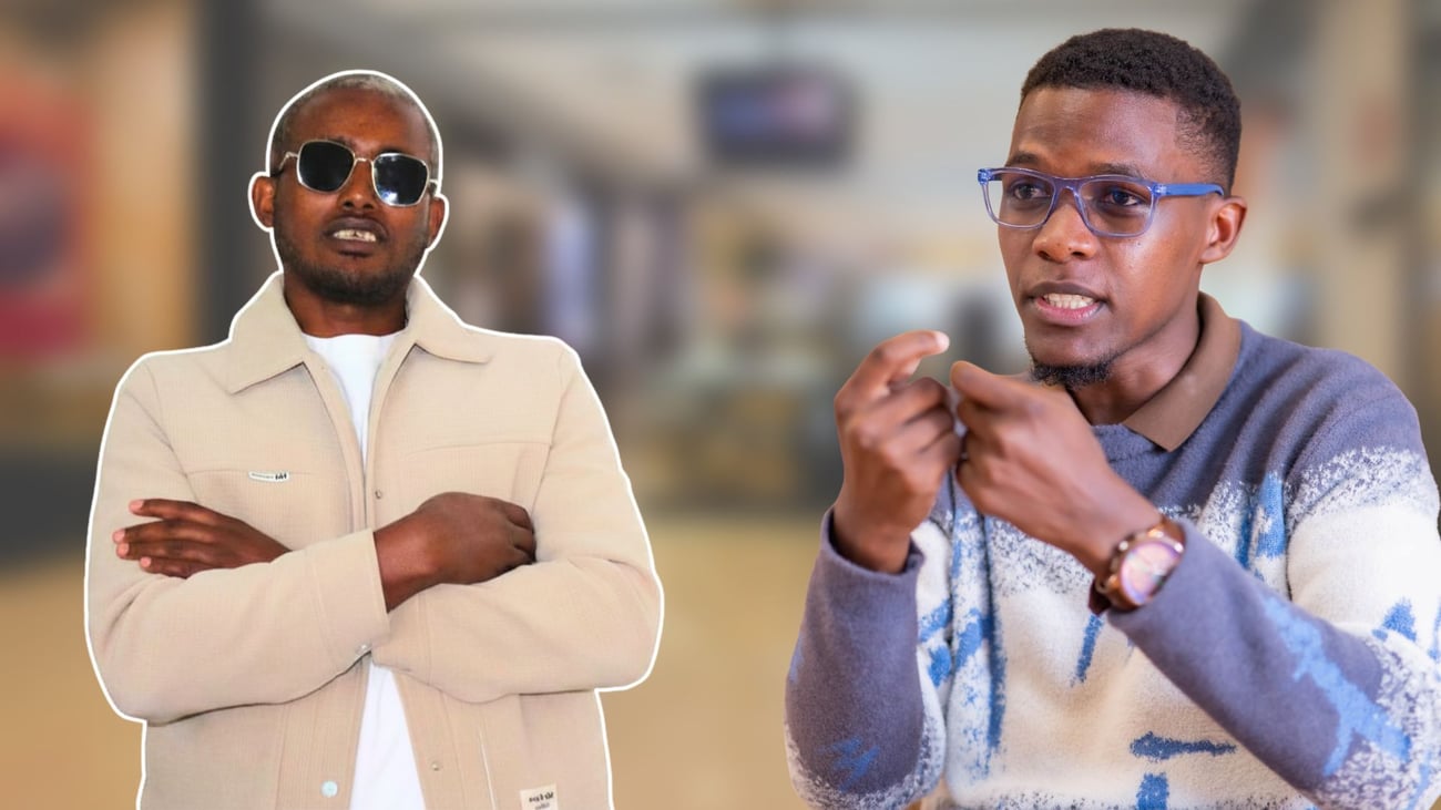 Composite portrait of changemakers Yohannes (left) and Isaac (right). Yohannes wears dark glasses and a cream jacket with arms folded; Isaac wears blue-framed glasses and a patterned jumper, gesturing mid-conversation.
