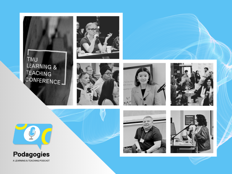 Multiple images of the episodes guests inside of a white bordered grid and against a blue and grey background with the Podagogies logo. 