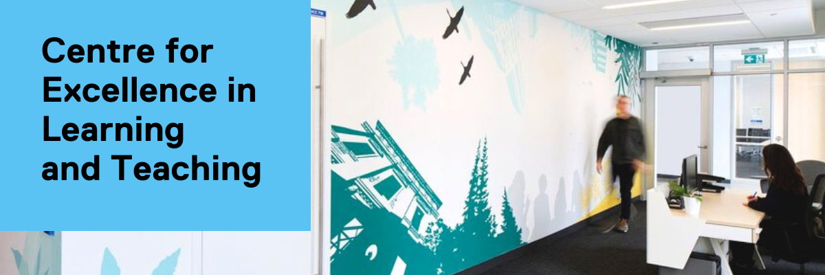 A person entering the CELT office and being greeted by a seated figure. Banner text reads Centre for Excellence in Learning and Teaching.