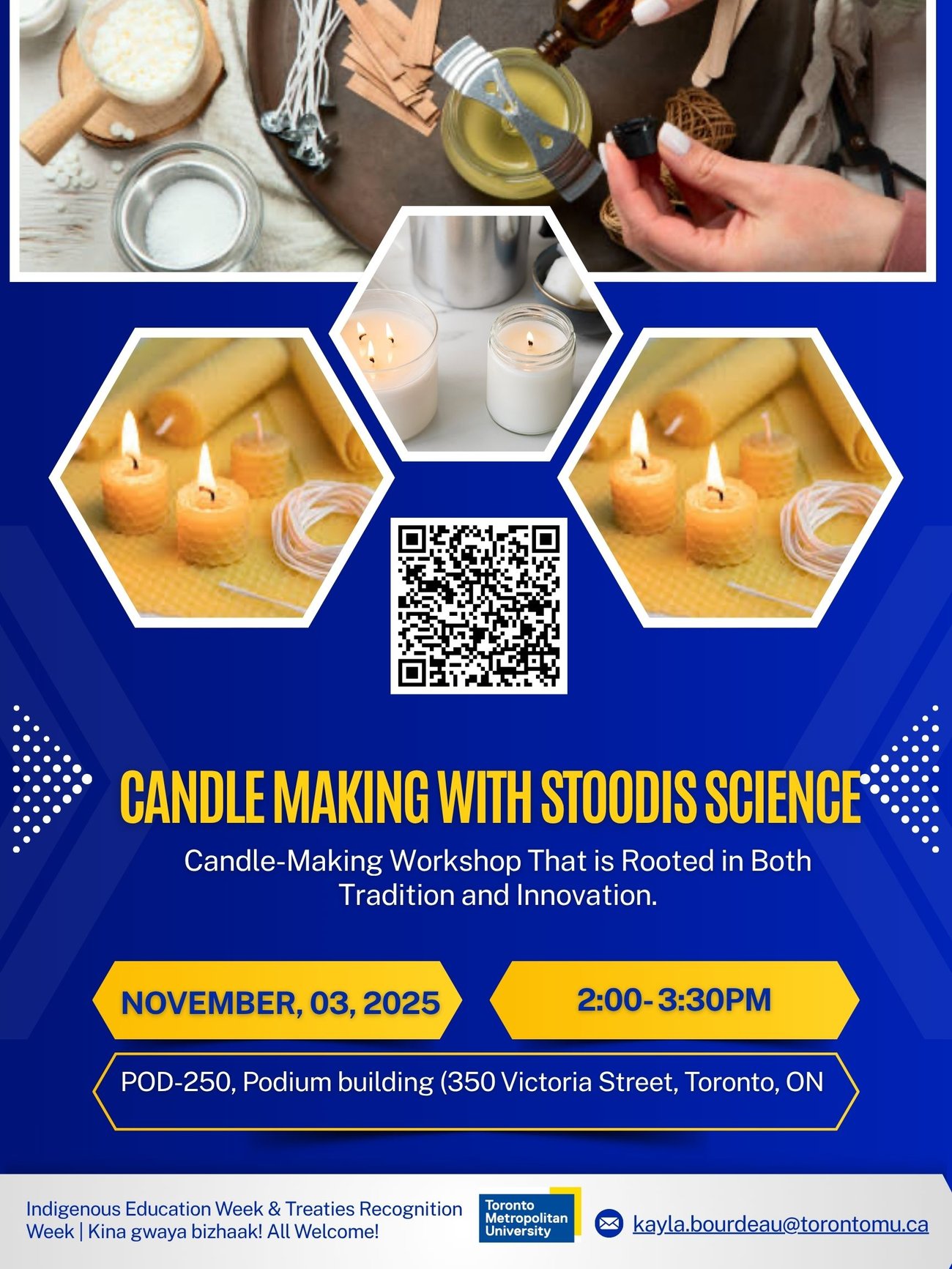 A poster showing various stages of the candle making process, along with event details against a blue background. Text shows event details as written above.