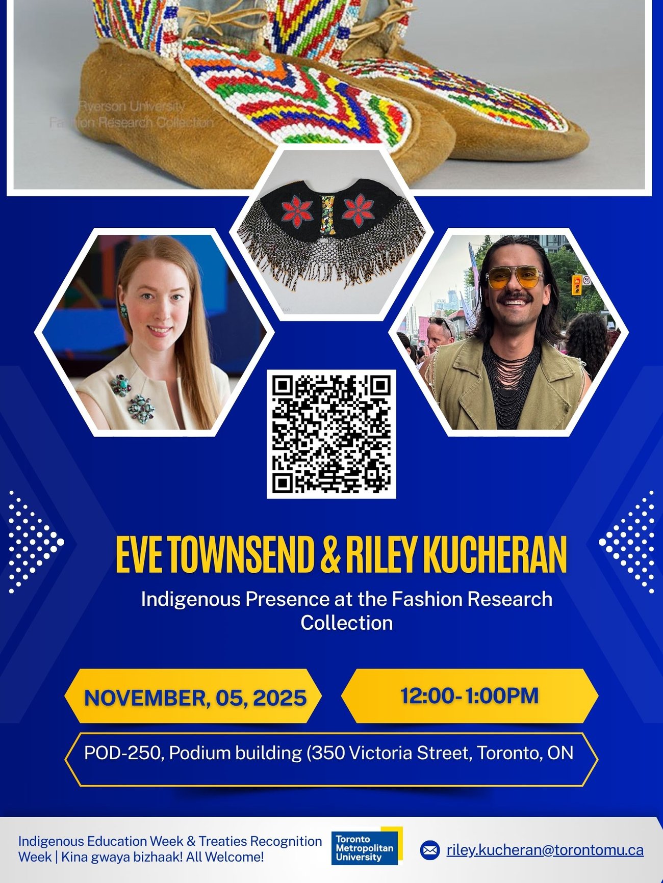 A poster with pictures of FRC Director Eve Townsend and Professor Riley Kucheran alongside images of beadwork on clothing. Text shows event details as written above.