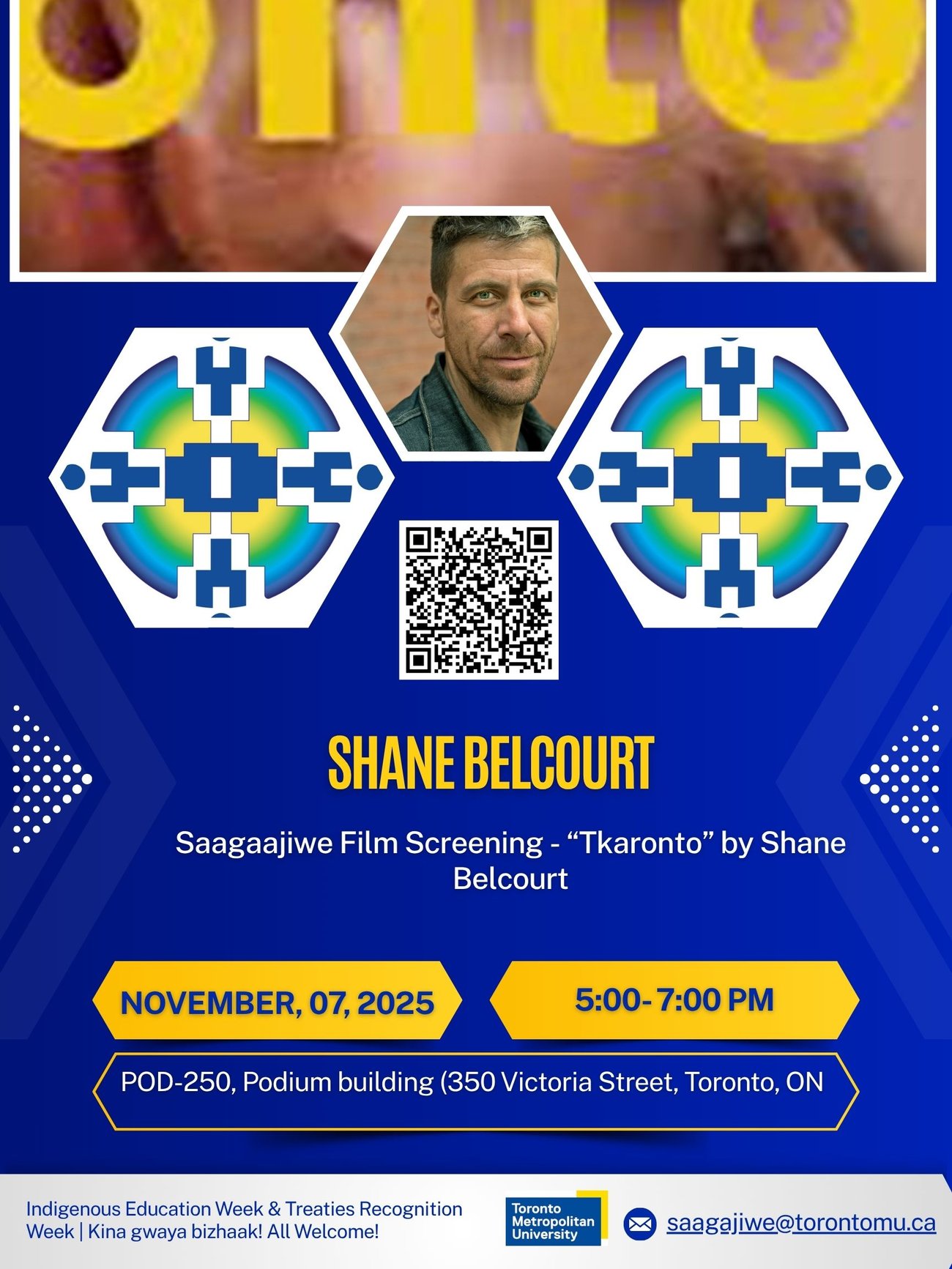 A poster featuring Shane Belcourt alongside a still from the film and the Saagaajiwe totem. Text shows event details as written above.